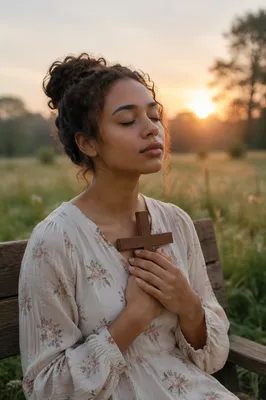 Woman Holding Wooden Cross at Sunrise