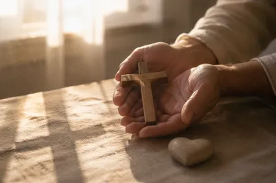 Hands Holding Cross and Heart Stone