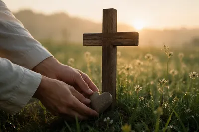 Wooden Cross and Heart at Sunrise