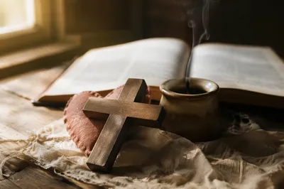 Wooden Cross and Fabric Heart at Dawn