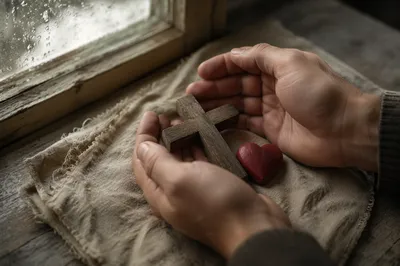Wooden Cross and Red Heart Keepsake