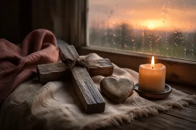 Wooden Cross Candle and Heart Stone