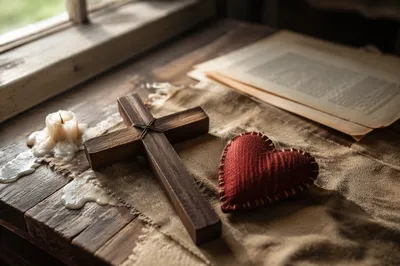 Wooden Cross and Stitched Red Heart