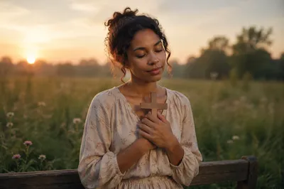 Woman Holding Wooden Cross at Sunrise