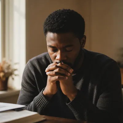Young Man Praying by Window Light