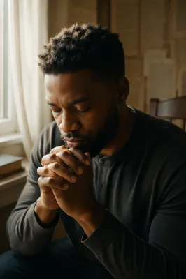 Young Man Bowing Head in Prayer