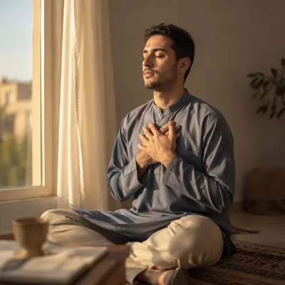 Peaceful Young Man Meditating by Window