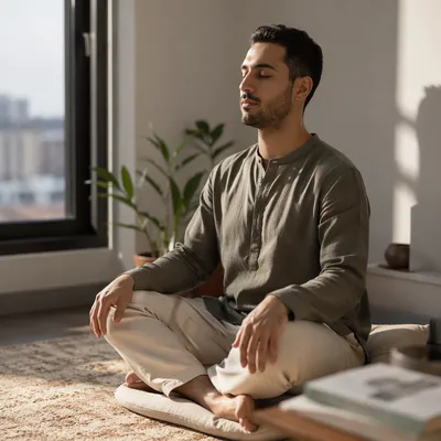 Peaceful Young Man Meditating by Window
