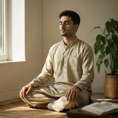 Young Man Meditating Beside Sunlit Window