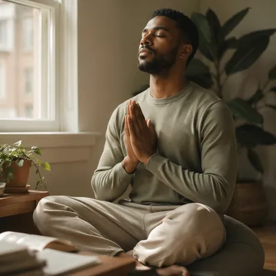 Peaceful Young Man Meditating by Window