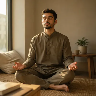 Young Man Meditating by Sunlit Window