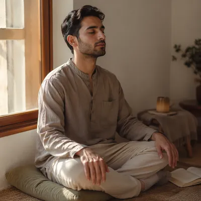 Peaceful Young Man Meditating by Window