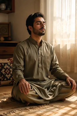 Peaceful Young Man Meditating by Window