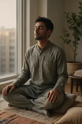 Peaceful Young Man Meditating by Window