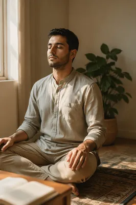 Peaceful Young Man Meditating by Window