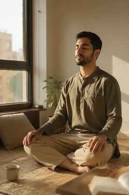 Peaceful Young Man Meditating by Window