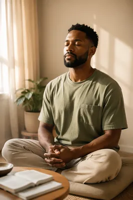 Peaceful Young Man Meditating Indoors