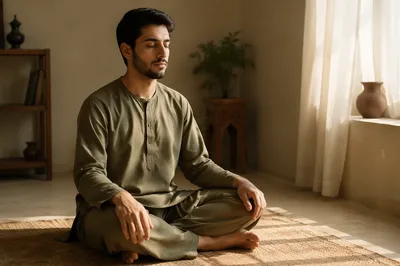 Peaceful Young Man Meditating by Window