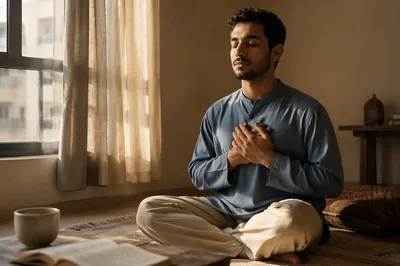 Peaceful Young Man Meditating by Window