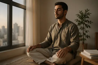 Peaceful Young Man Meditating by Window