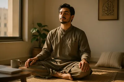 Young Man Meditating by Sunlit Window