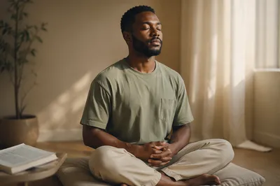 Young Man Meditating in Sunlit Room