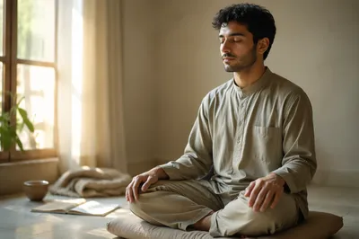 Peaceful Young Man Meditating by Window