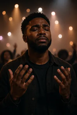 Tearful Man in Softly Lit Worship Hall