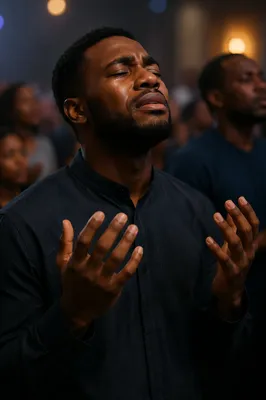 Tearful Young Man in Worship Hall