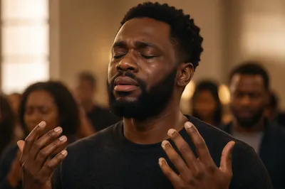 Tearful Young Man in Worship Portrait