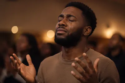Young Man Crying During Indoor Worship