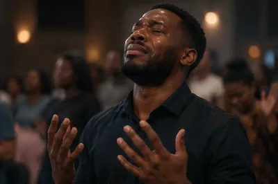 Tearful Young Man in Worship Hall