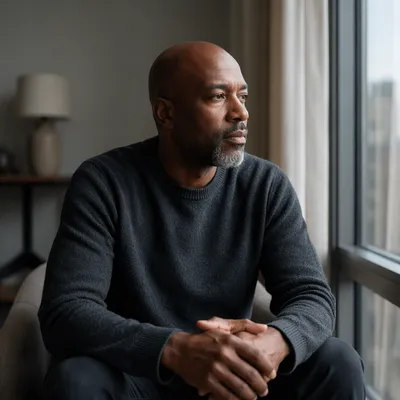 Contemplative Man Beside Window in Morning Light