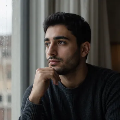 Contemplative Young Man by Rainy Window