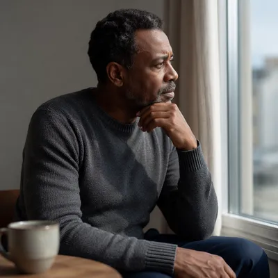 Contemplative Man by Apartment Window Light