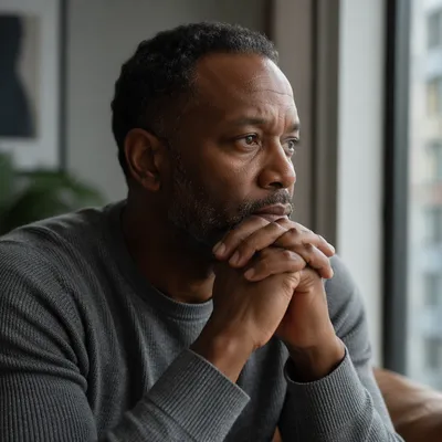Contemplative Man by Apartment Window