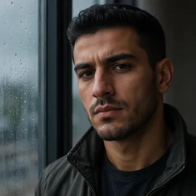 Determined Young Man by Rainy Window