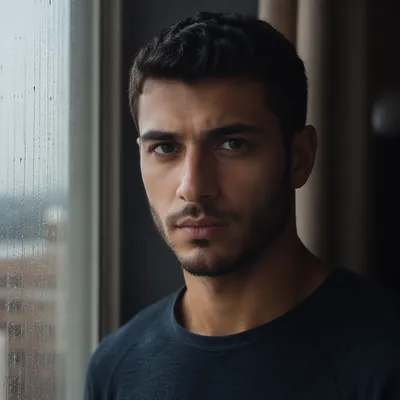 Determined Young Man by Rainy Window