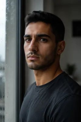 Determined Young Man by Rainy Window