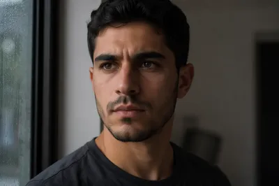 Determined Young Man by Rainy Window