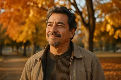 Content Man in Autumn Park Sunlight