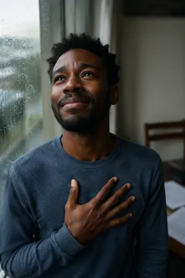 Young Man by Rainy Window Smiling
