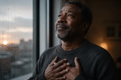 Grateful Man by Rainy Window at Dawn