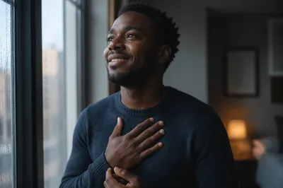 Young Man by Rainy Window Smiling