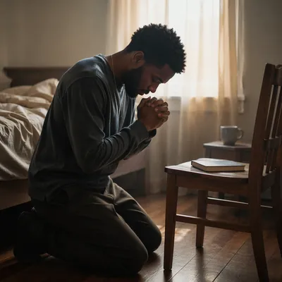 Young Man Kneeling in Quiet Bedroom