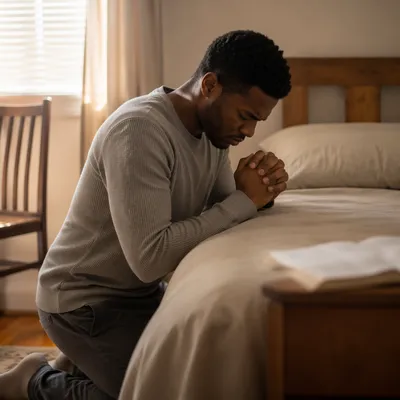 Young Man Kneeling in Bedroom Prayer