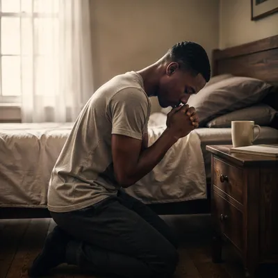 Young Man Kneeling in Prayer Bedroom