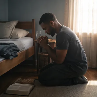 Young Man Kneeling in Prayer at Dawn
