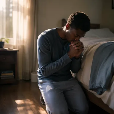 Young Man Kneeling in Bedroom at Dawn