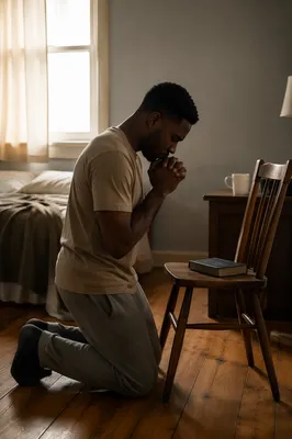 Young Man Kneeling in Quiet Bedroom
